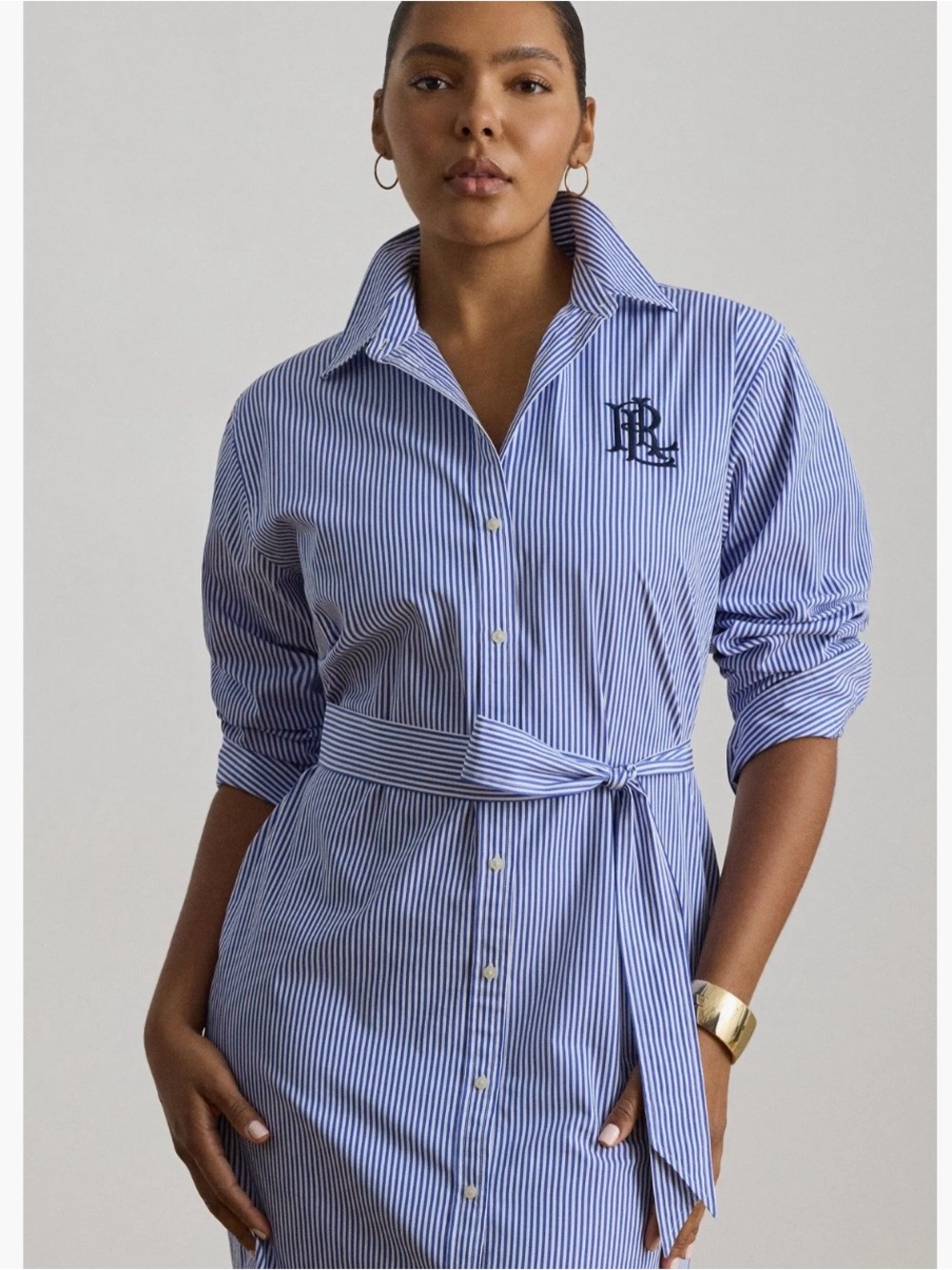 Lauren Ralph Lauren Blue & White Striped Button-Front Midi Shirt Dress - Picture 5 of 13